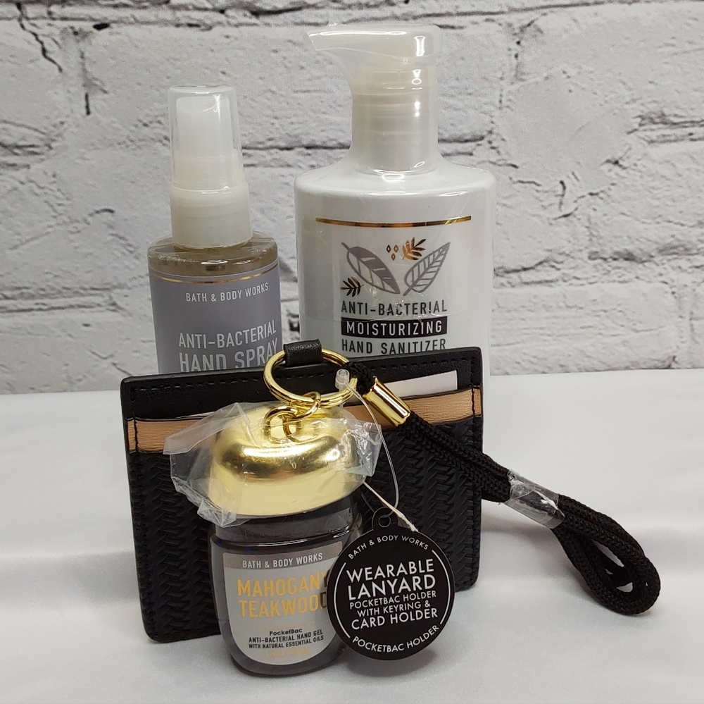 BATH & BODY WORKS 'MAHOGANY TEAKWOOD' 4-PIECE HAND SANATIZER & LANYARD GIFT SET